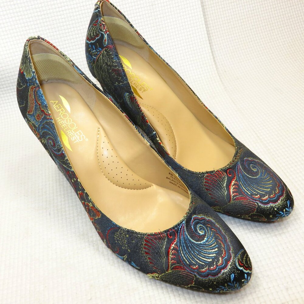 Aerosoles Heelrest Octagon Heels Pump Black Metallic Floral Fabric Womens Sz 8M